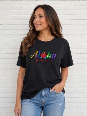 Cotton Soft Aloha Maui Embroidered Graphic Tee Black Floral T-Shirt Size L